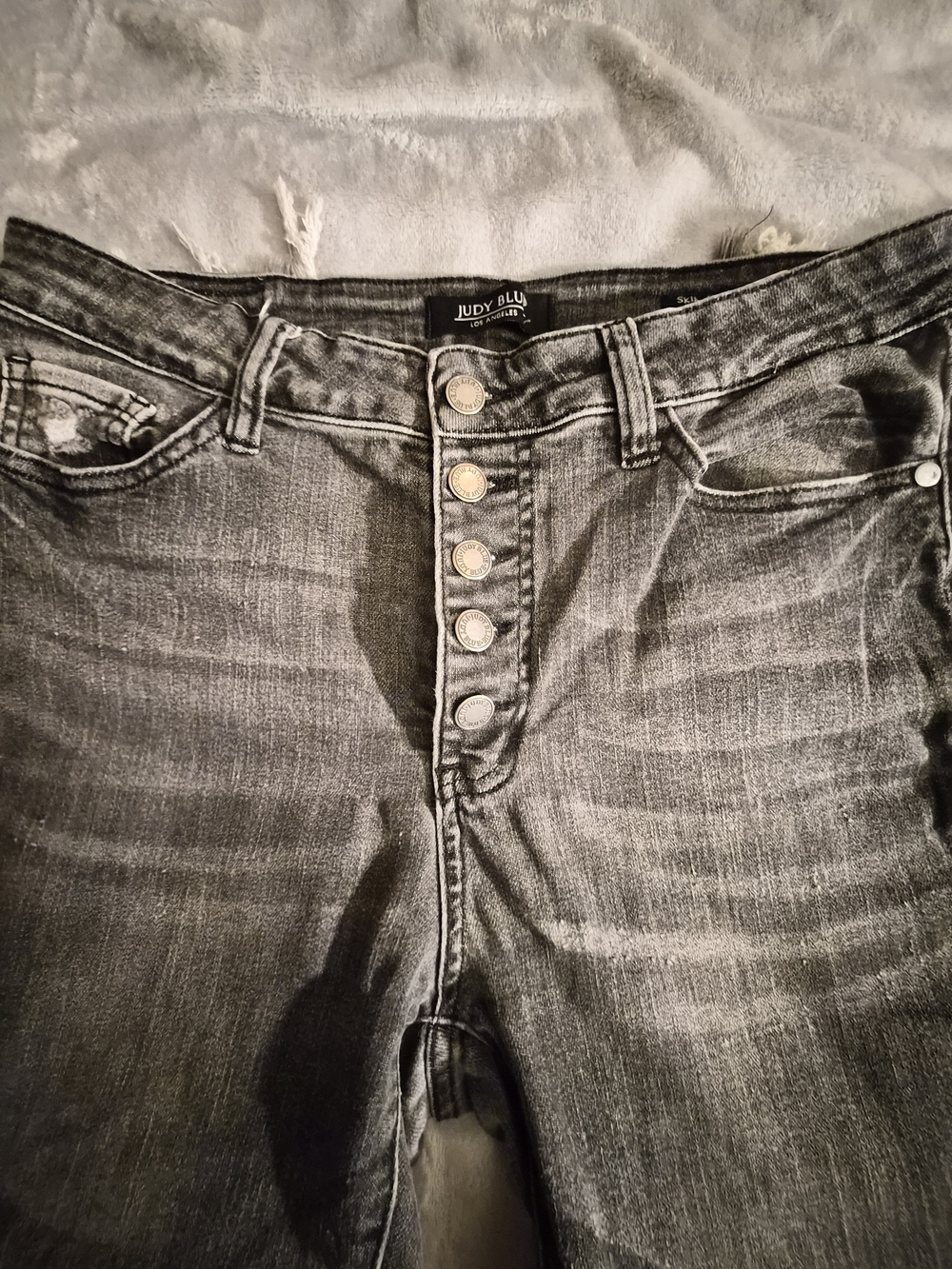 Judy Blue Distressed Skinny Jeans 13 31 Grey High Rise Button Fly Raw Fringe Hem - Picture 2 of 11